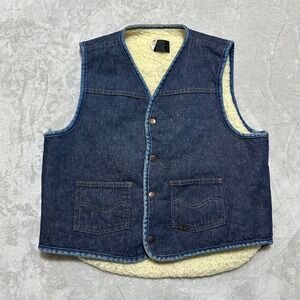 Vintage 70s Sears Roebucks Denim Sherpa Lined Vest Mens Size Large Workwear